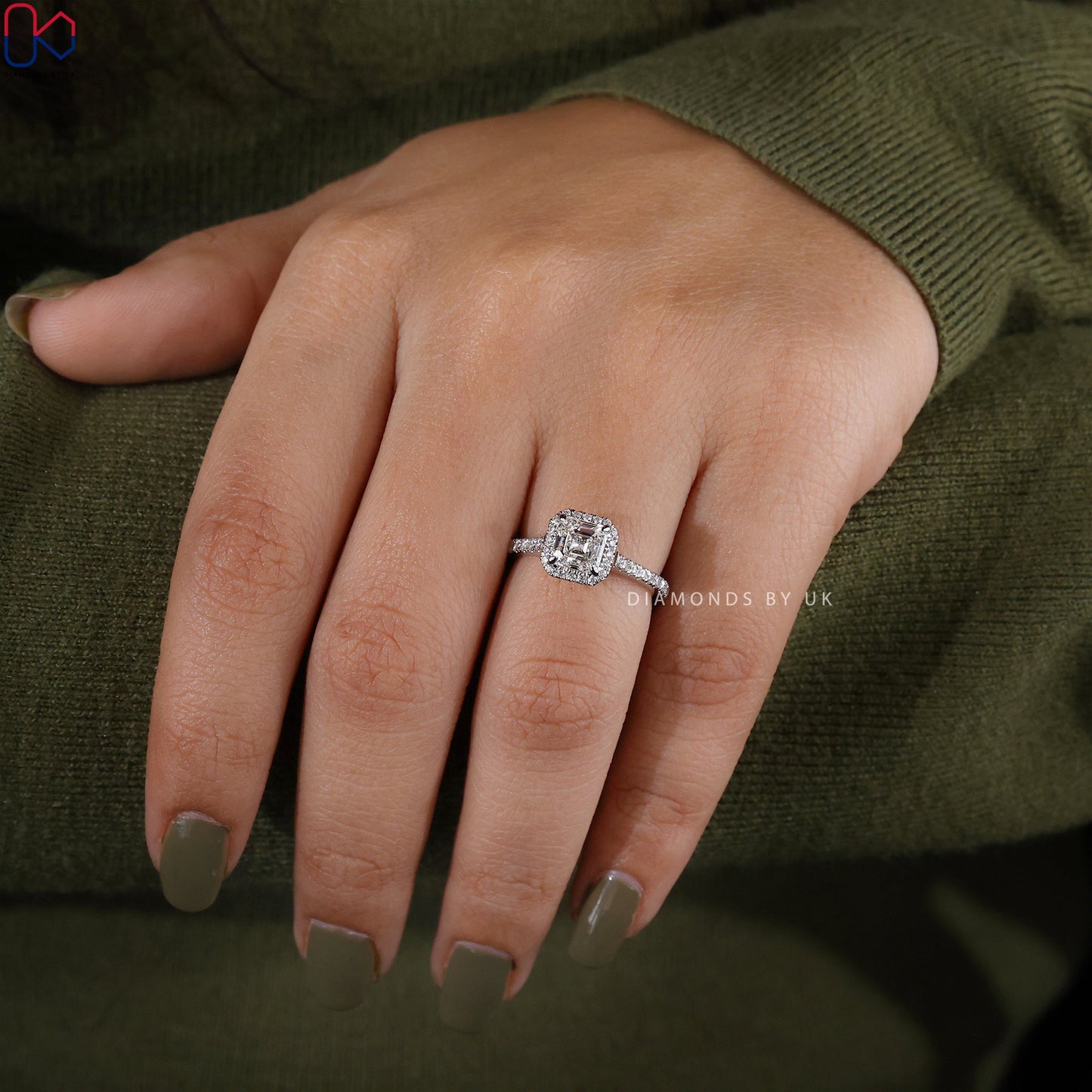 Asscher Cut Diamond Ring With Halo Pave Setting