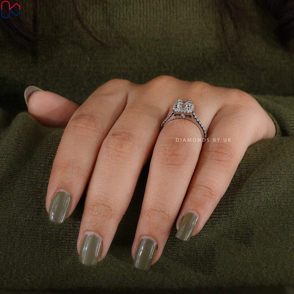 Asscher Cut Diamond Ring With Halo Pave Setting