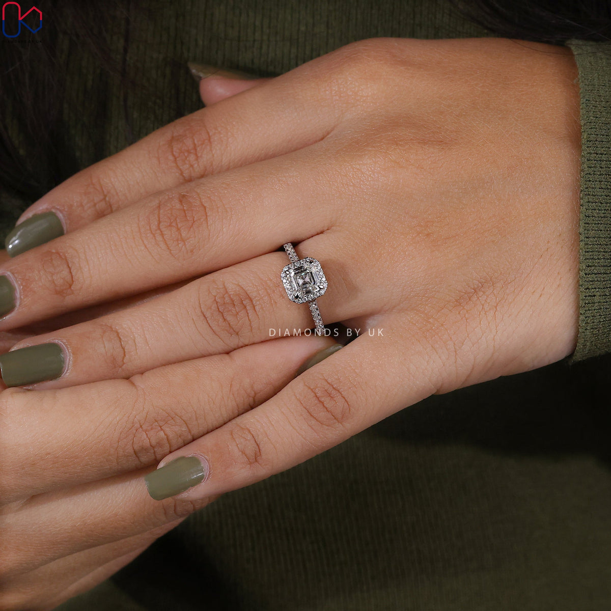 Asscher Cut Diamond Ring With Halo Pave Setting