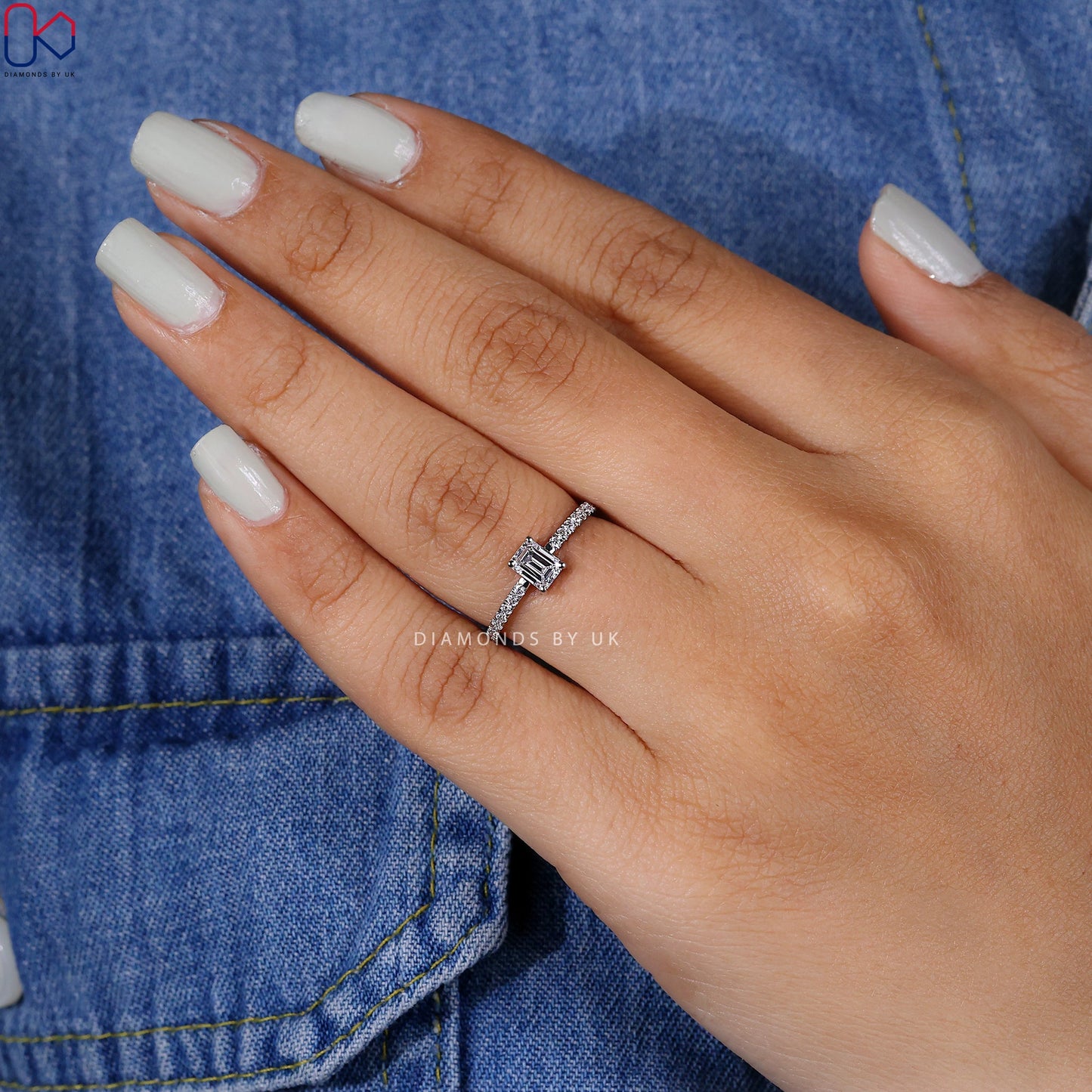 Pave Setting Emerald Diamond Engagement Ring