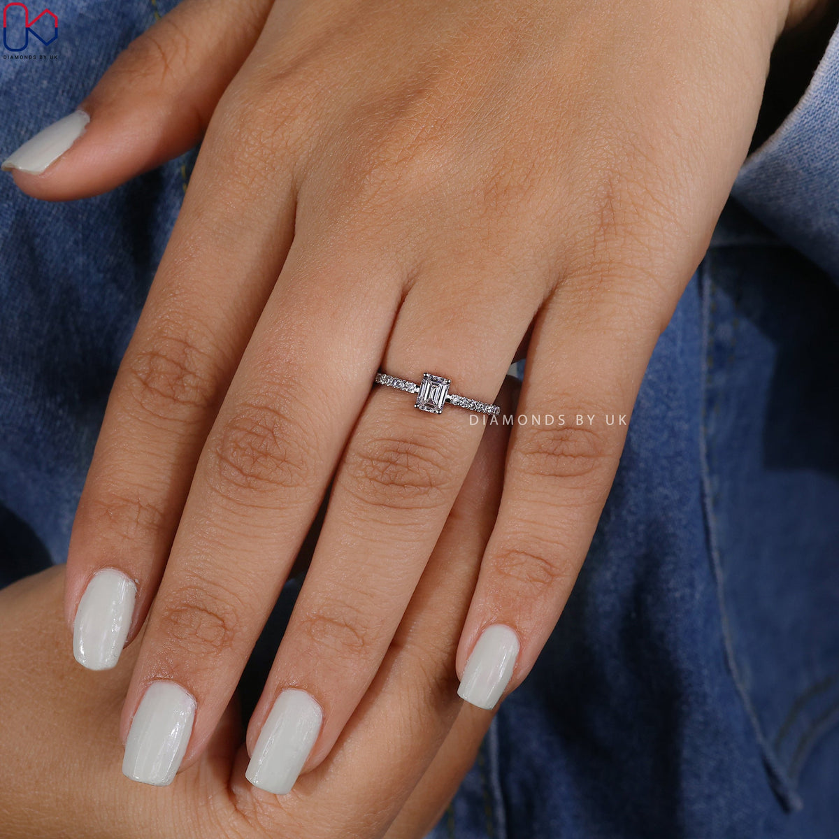 Pave Setting Emerald Diamond Engagement Ring
