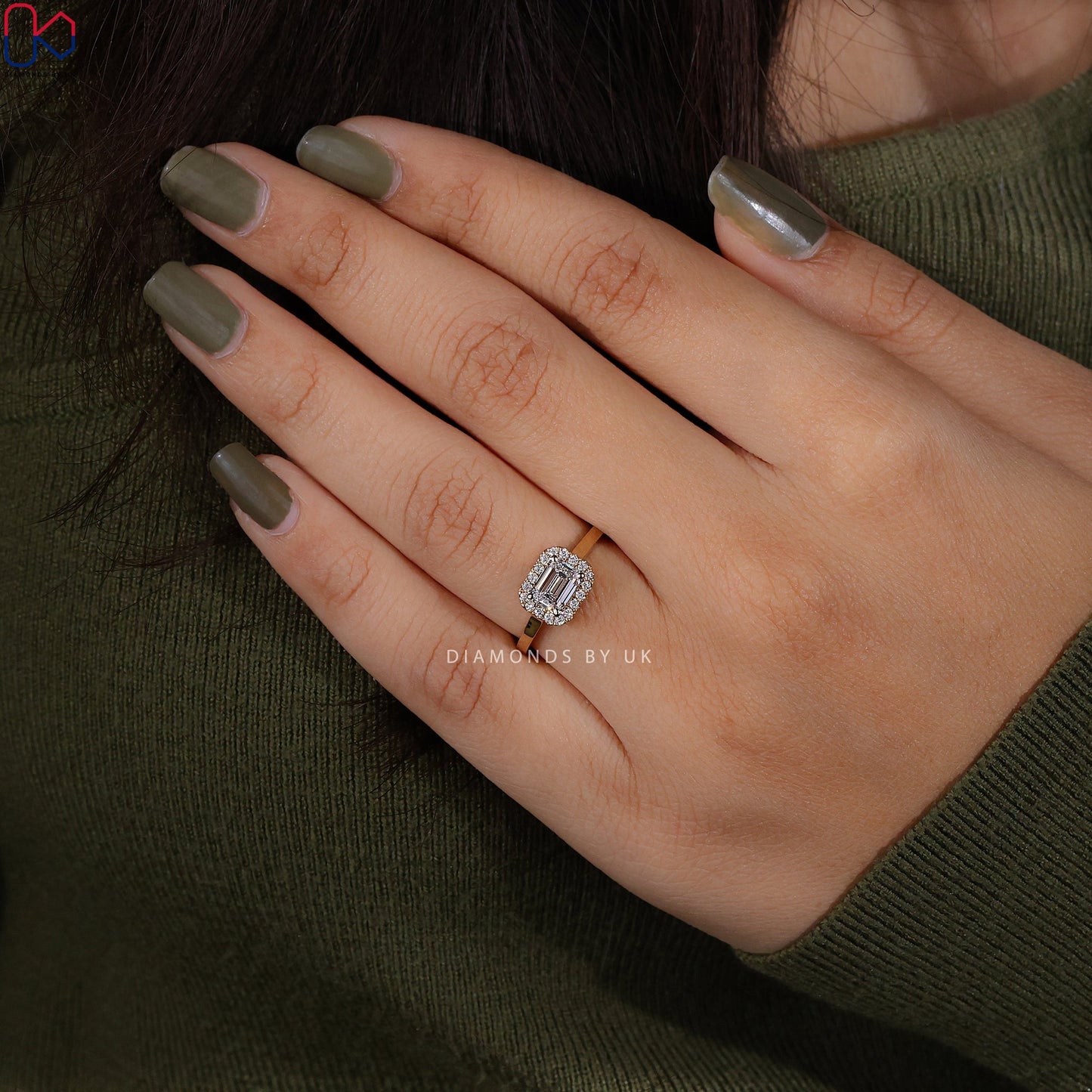 Emerald Diamond Engagement Ring With Halo Setting