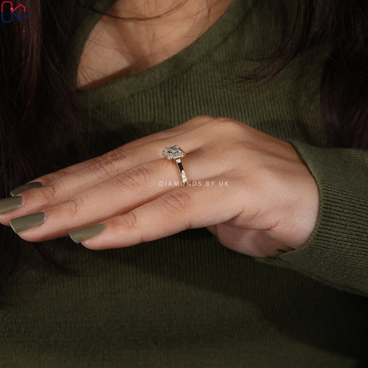 Emerald Diamond Engagement Ring With Halo Setting