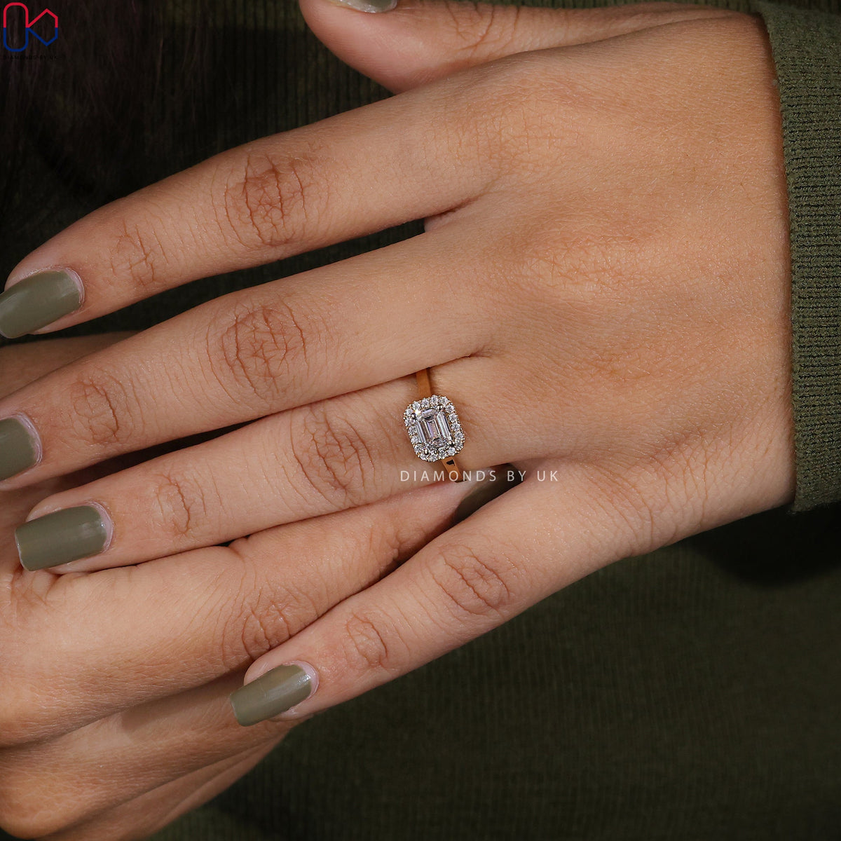 Emerald Diamond Engagement Ring With Halo Setting
