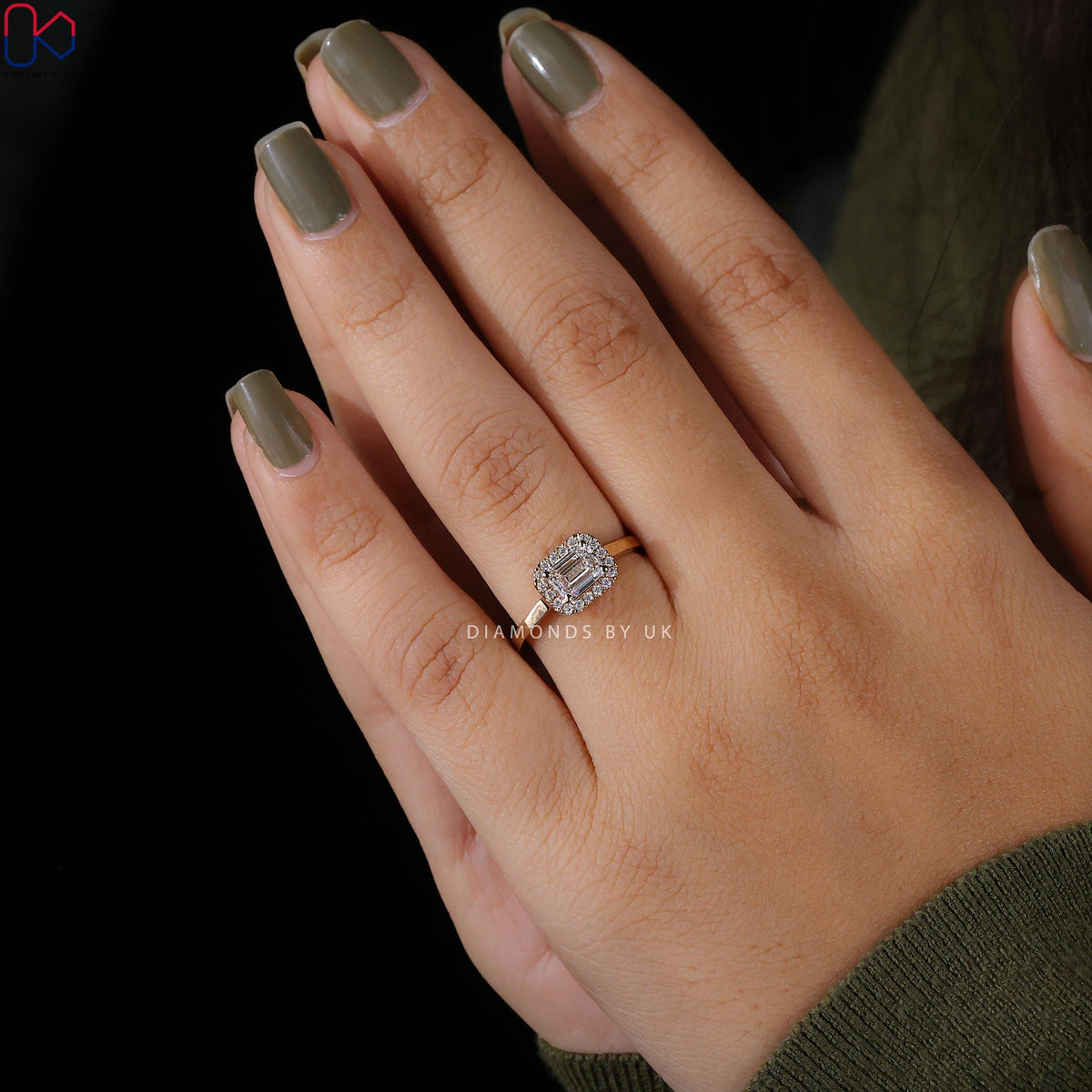 Emerald Diamond Engagement Ring With Halo Setting