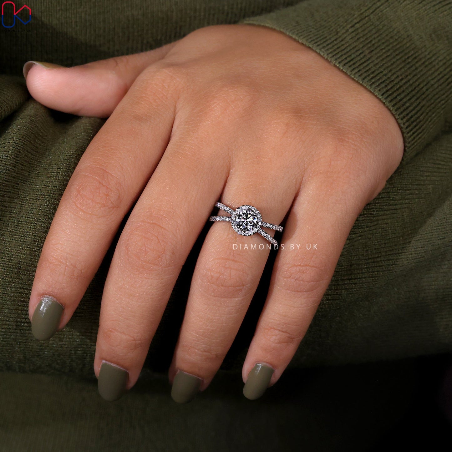 Halo Diamond Engagement Ring - Split Shank Pave Band