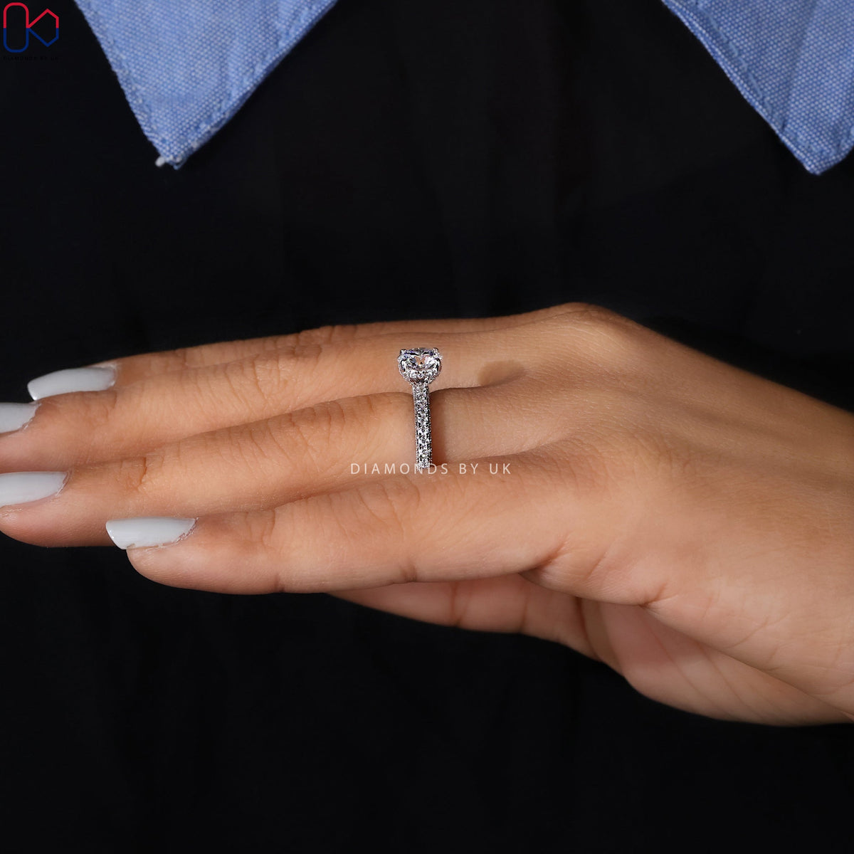 Round Diamond Engagement Ring With 3 Side Pave Setting