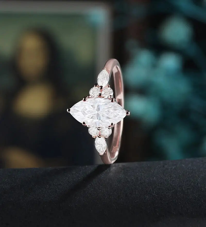 Moissanite Engagement Ring Solid Gold Marquise Cut Moissanite Ring Vintage Diamond Wedding Ring Promise for Her Anniversary Bridal Ring
