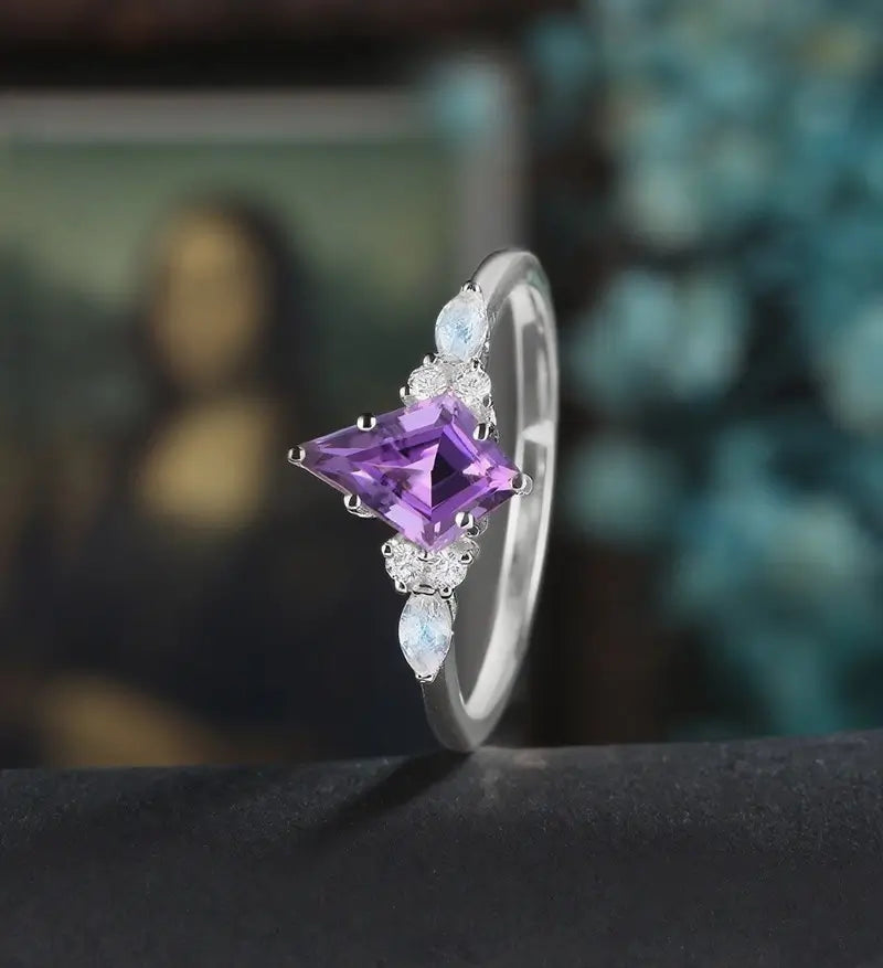Kite Amethyst Engagement Ring Solid White Gold Marquise Monstone Ring Anniversary Diamond Wedding Ring Vintage Promise Ring Unique Bridal Ring For Women