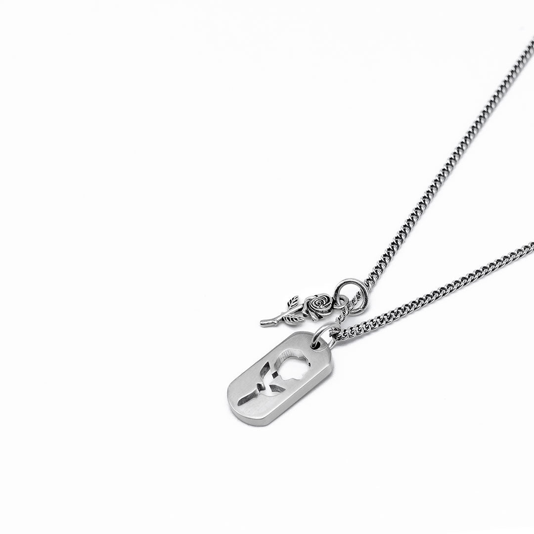 Silver Rose Dog Tag Necklace