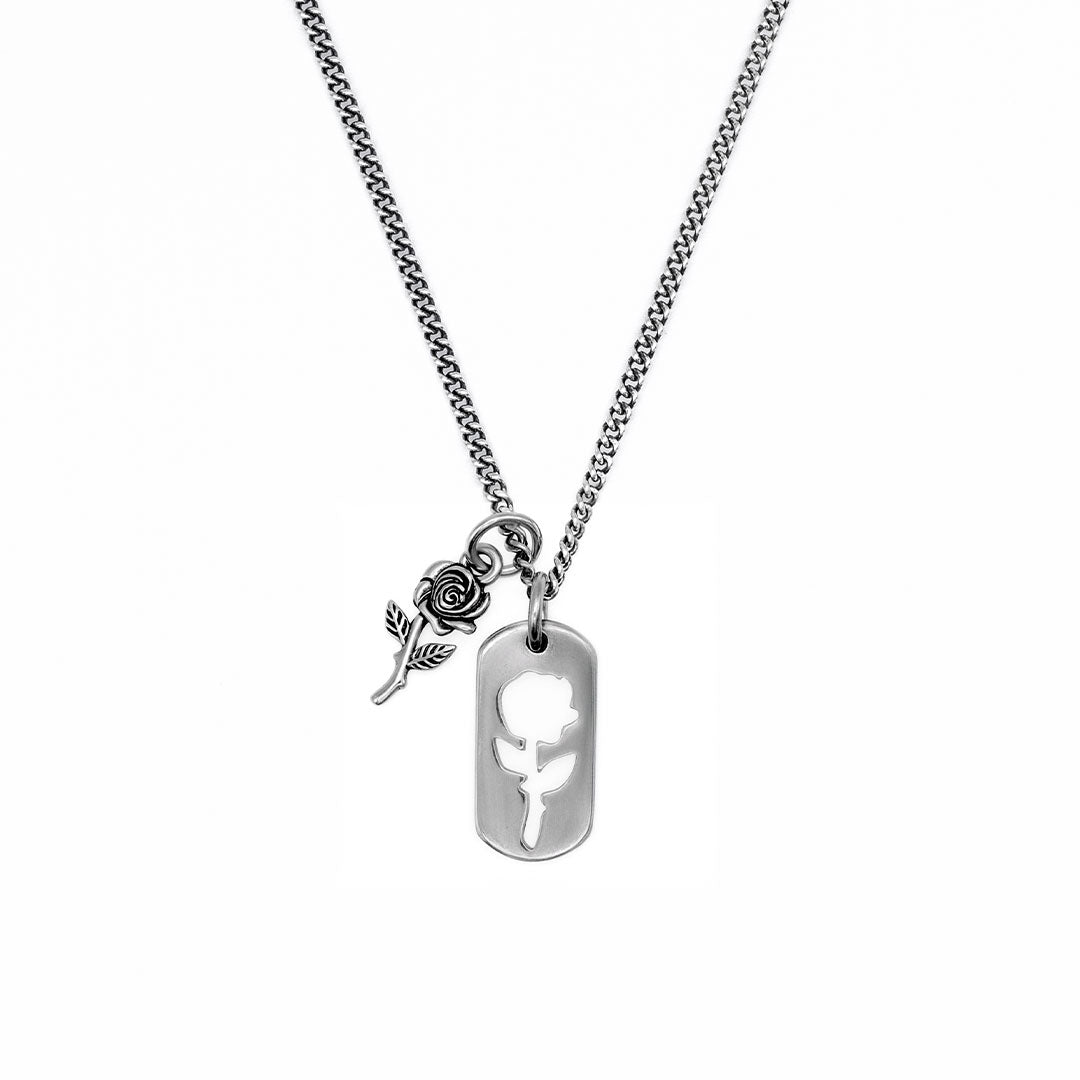 Silver Rose Dog Tag Necklace