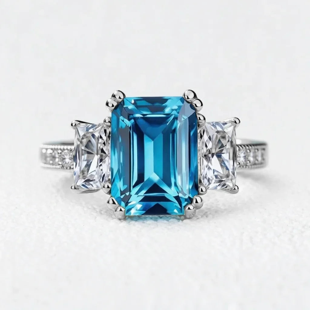 Cleo's Breeze | 3CT Sea Blue Baguette Sapphire Solitaire Statement Ring