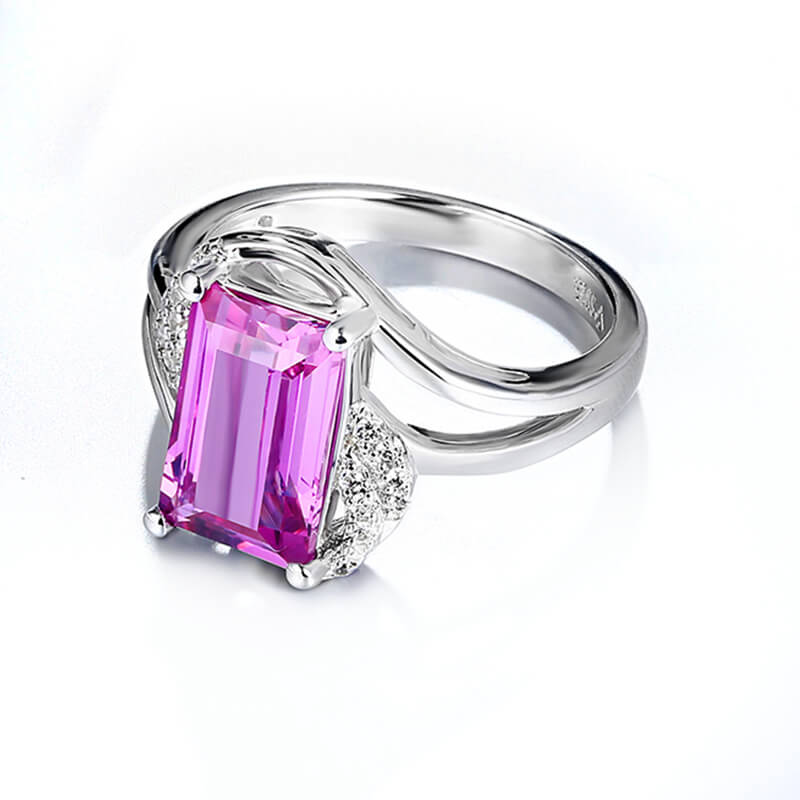 Emerald-Cut Purple Sapphire Bypass Split Shank Pave Sterling Silver Ring