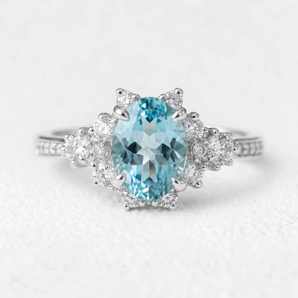 Aria‘s Bay | Oval Cut Blue Topaz Halo Engagement Ring