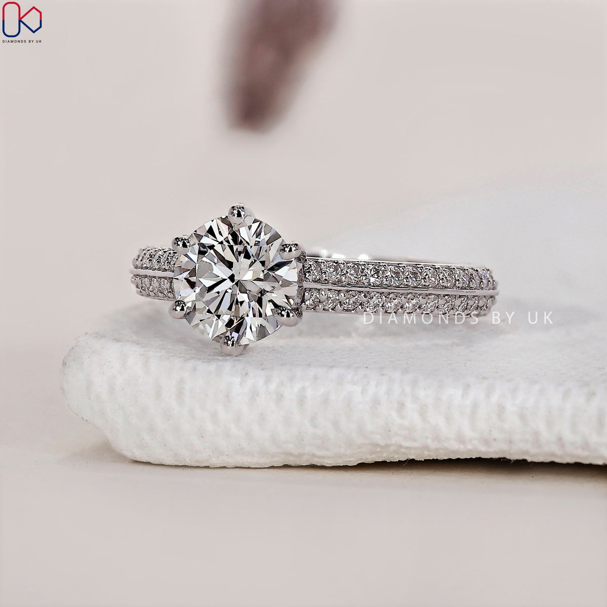 Round Cut Diamond Ring - Two Row Pave