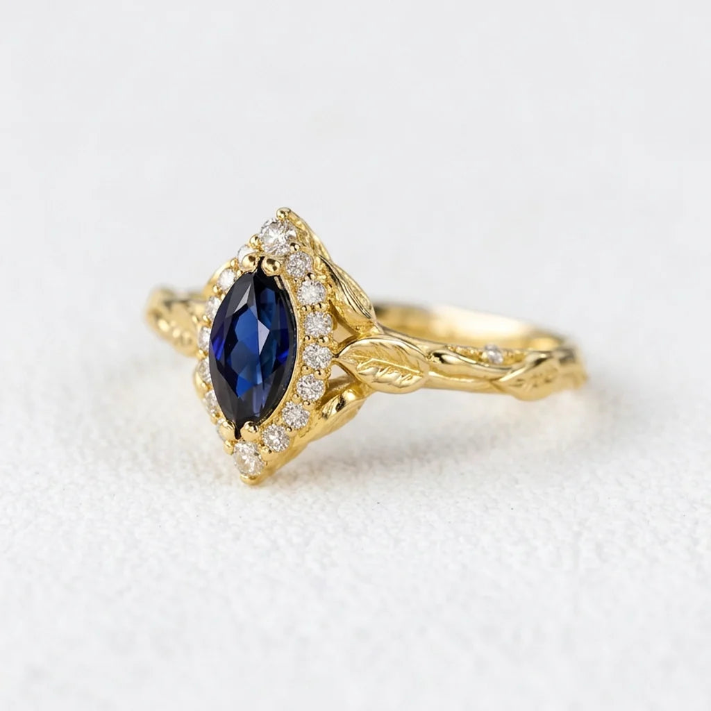 Victoria’s Diadem | Marquise Cut Sapphire & Diamond Halo Bridal Set 2pcs