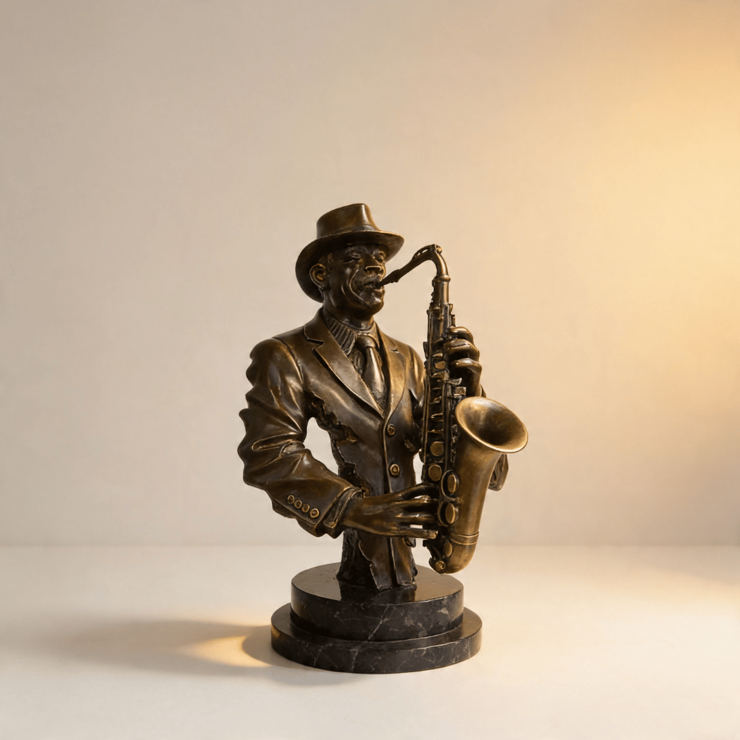 Jazz Saxophonist Bronze Bust Sculpture