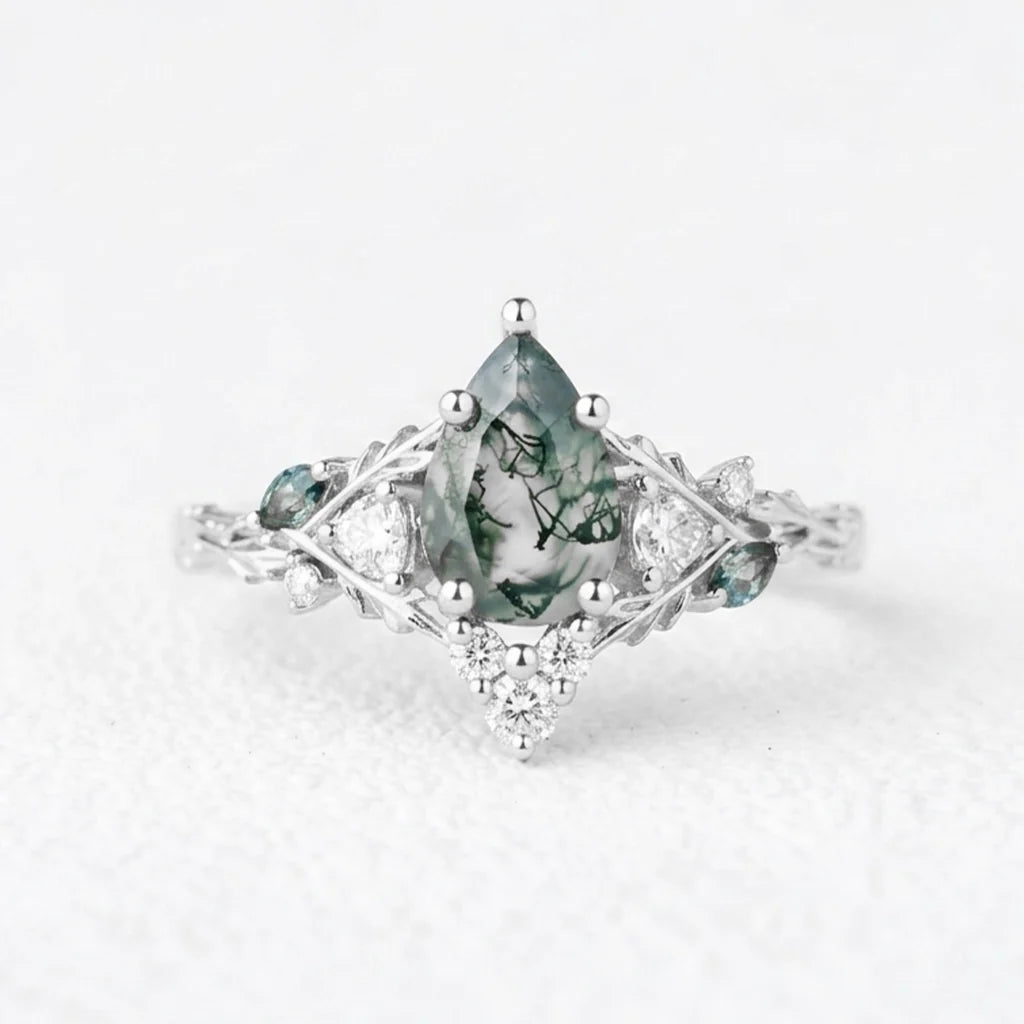Genevieve’s Garland | Pear Moss Agate Leafy Engagement Ring