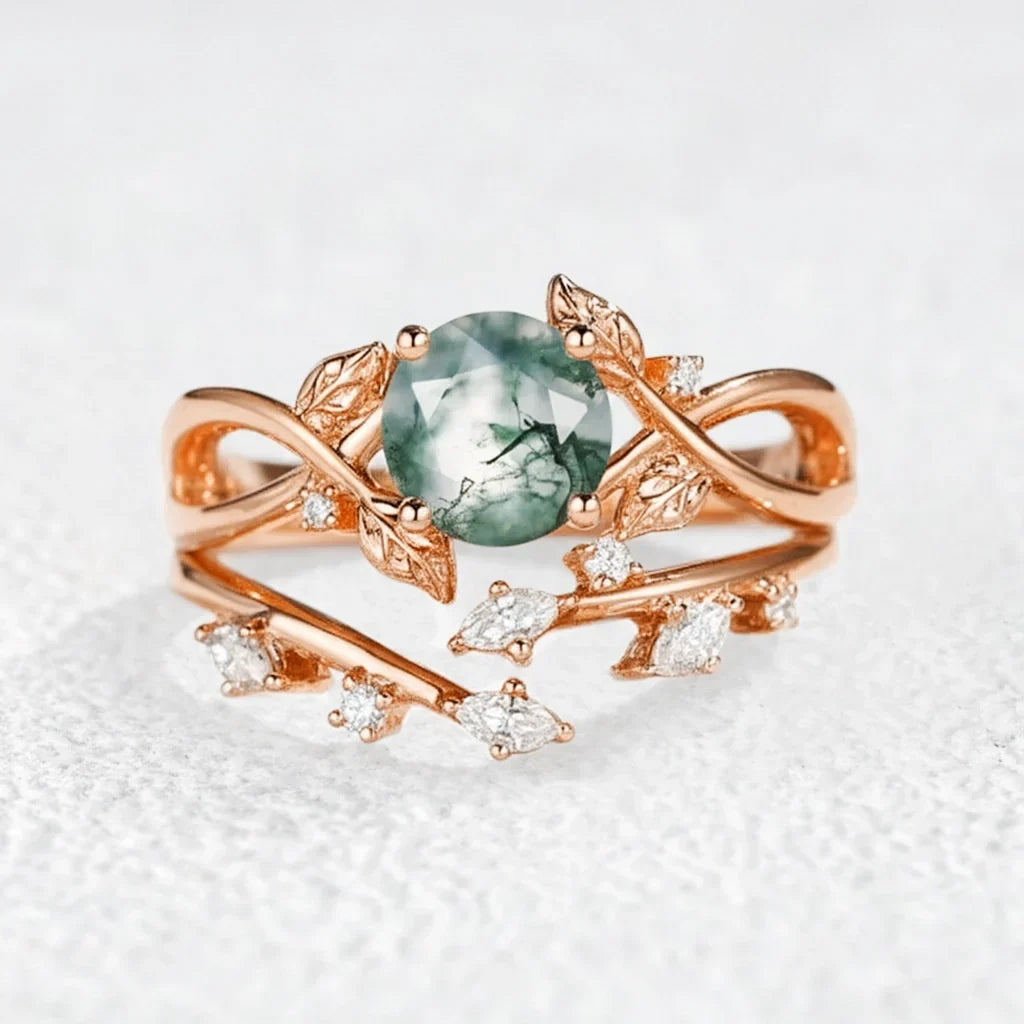 Cordelia Round Cut Moss Agate Leafy Infinity Bridal Set 2pcs