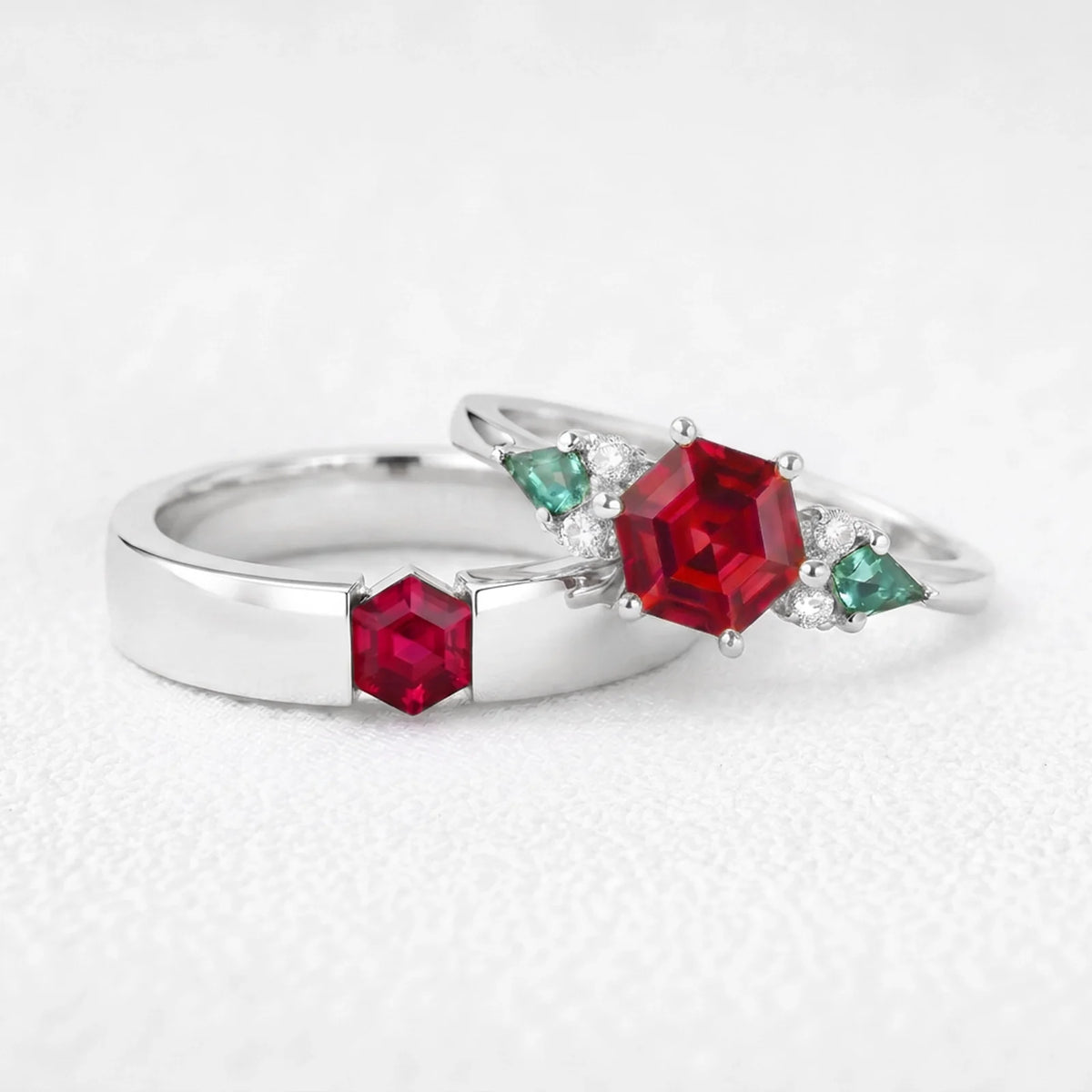 Valencia’s Tessera | Vintage Hexagon Ruby & Tension Set Couple Set