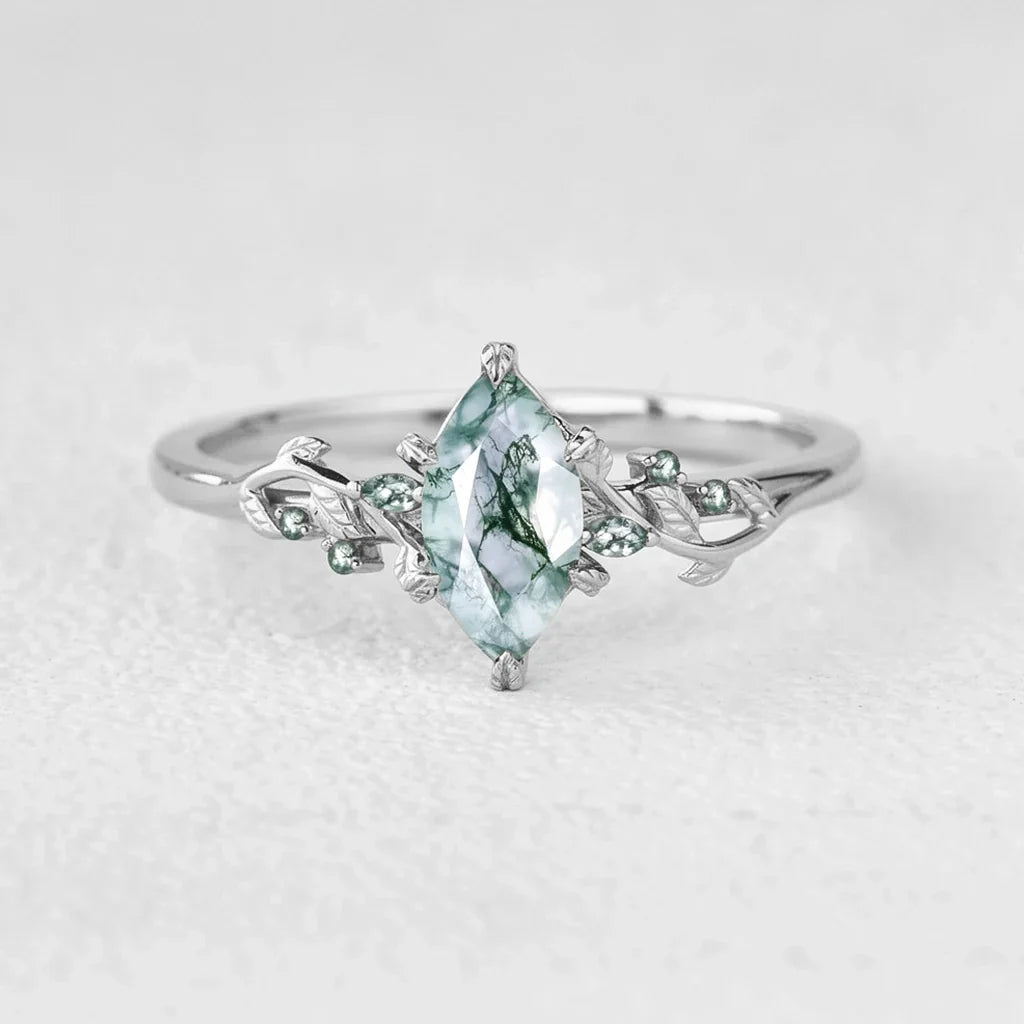 Celandine’s Twine | Marquise Moss Agate Leafy Twist Engagement Ring