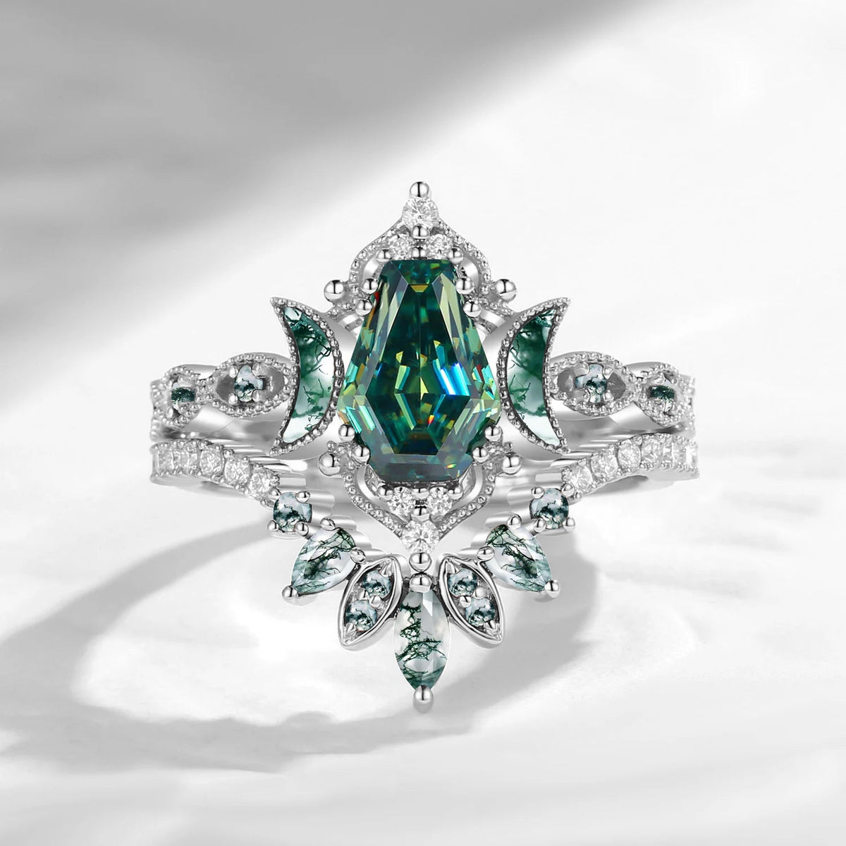 Crescent Moon | Coffin Cut Teal Moissanite 'Ultra Galaxy' Engagement Ring Set 2pcs