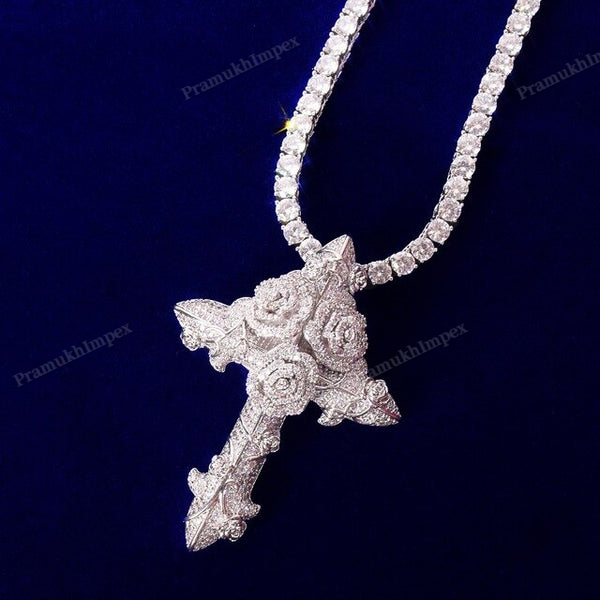 Moissanite Sterling Silver Rose Cross Pendant