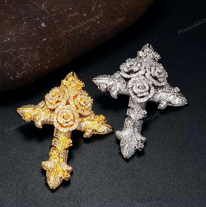Moissanite Sterling Silver Rose Cross Pendant