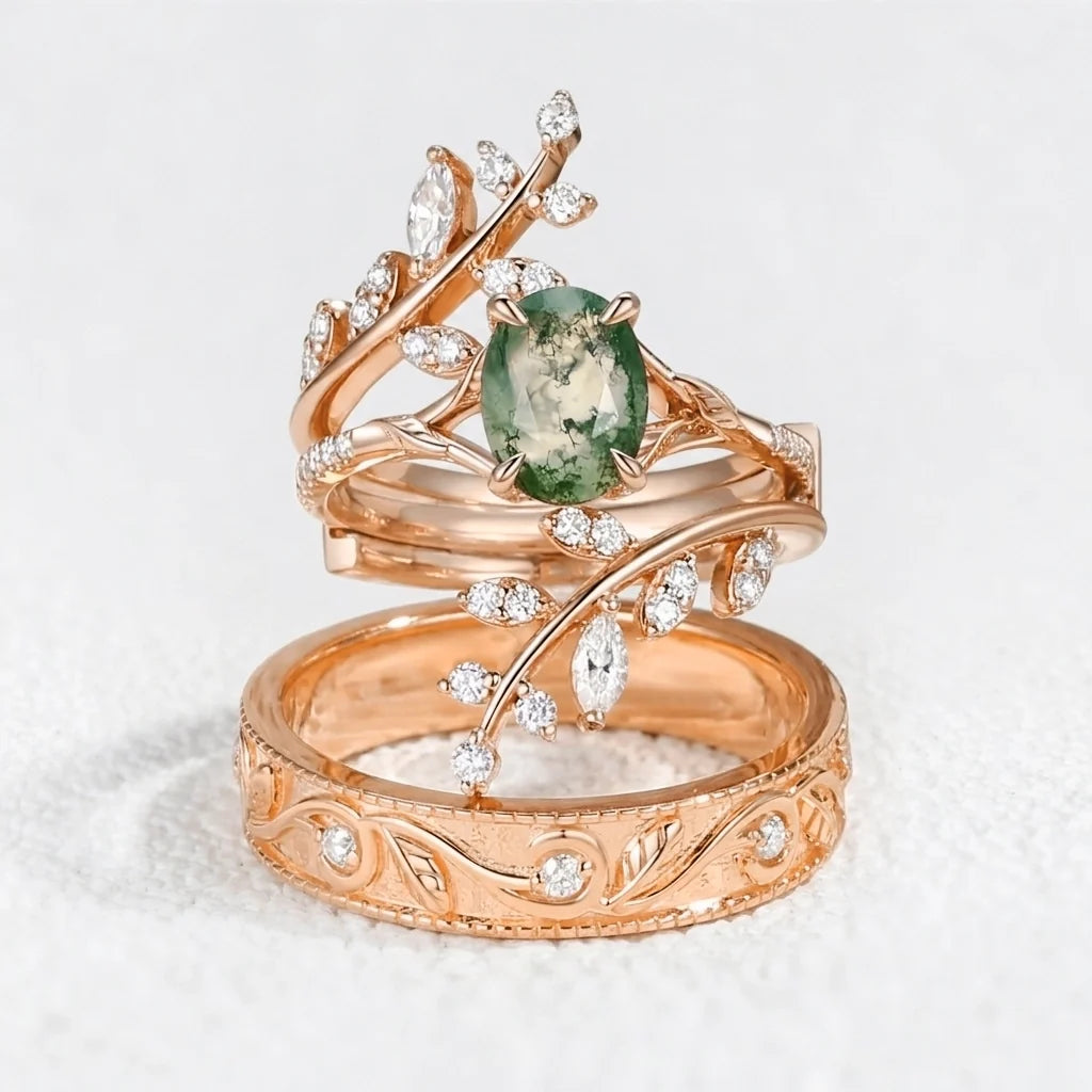 Flora’s Enclosure | Oval Moss Agate Cluster Couple Ring Set 3pcs