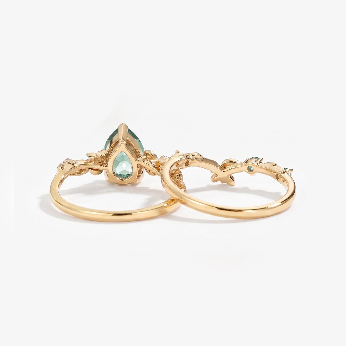 Pear Cut Lab Green Sapphire Leaf Vintage Engagement Ring Sets - Flora