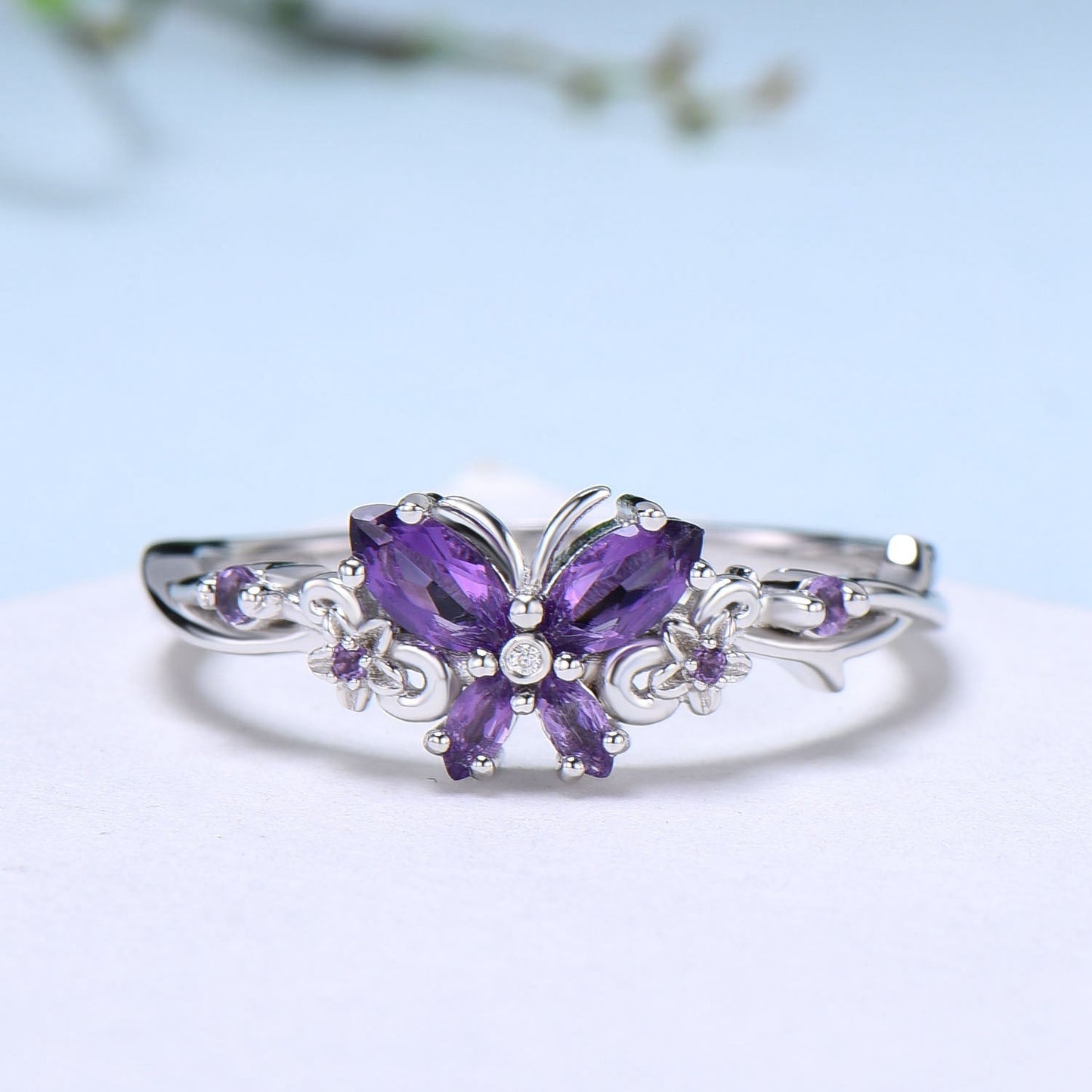 Vintage Butterfly Amethyst Engagement Ring Unique marquise cut purple amethyst silver white gold flower promise ring anniversary gift women