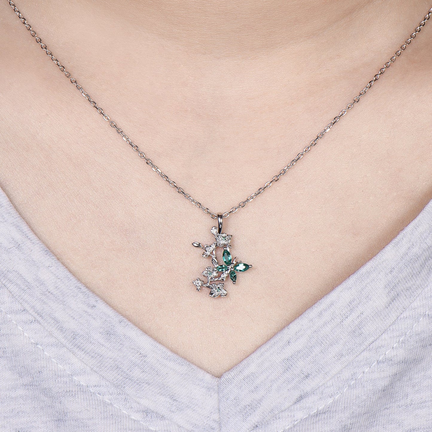Emerald Green Crystal Butterfly Necklace, Floral Branch Pendant