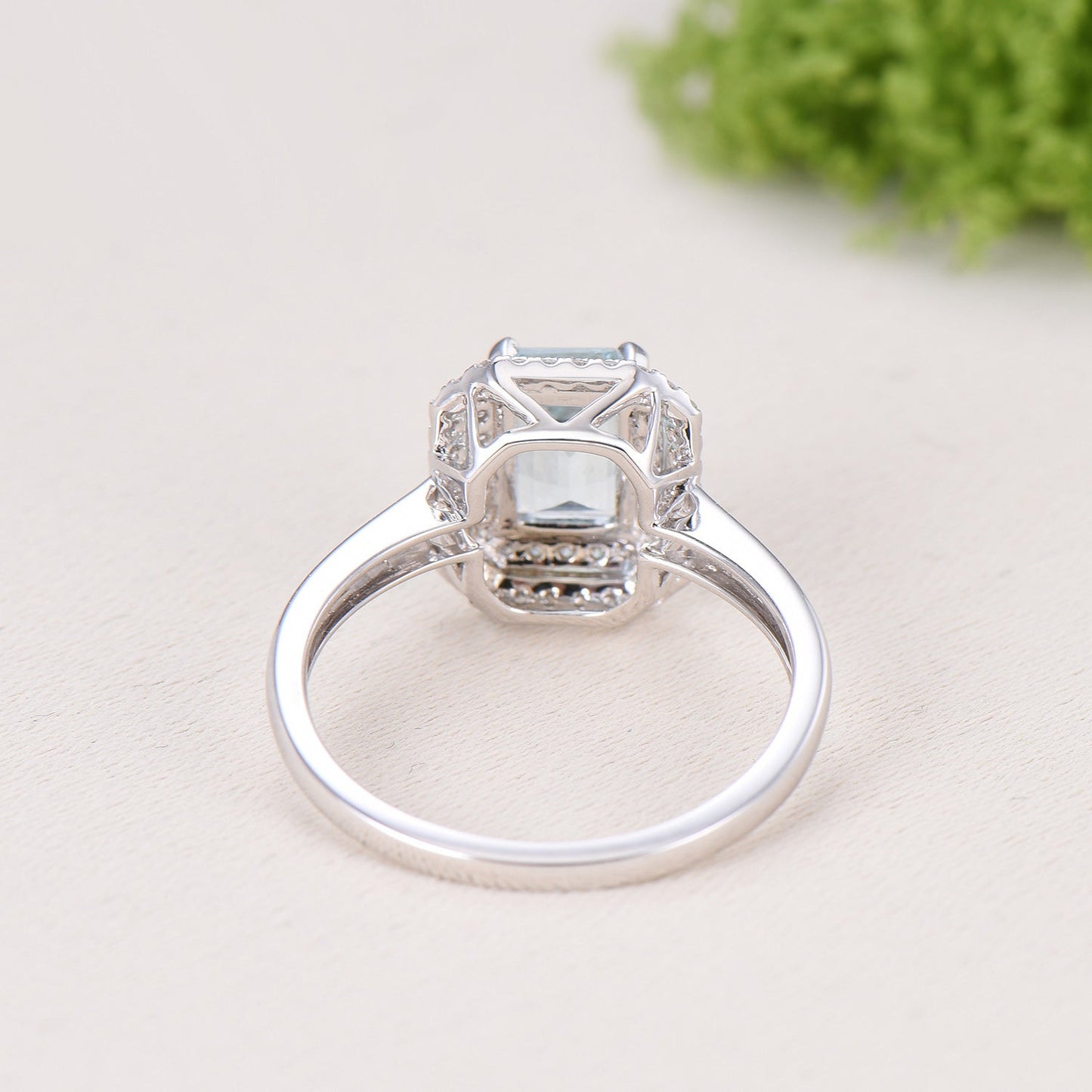 Double Halo Diamond Emerald Cut Aquamarine Bridal Ring Set, Plain Gold Wedding Band