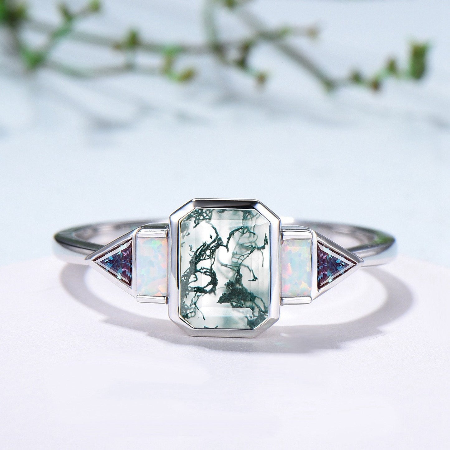 Bezel Set Emerald Cut Moss Agate Engagement Ring Five Stone Baguette Opal & Trillian Alexandrite Wedding Anniversary Ring