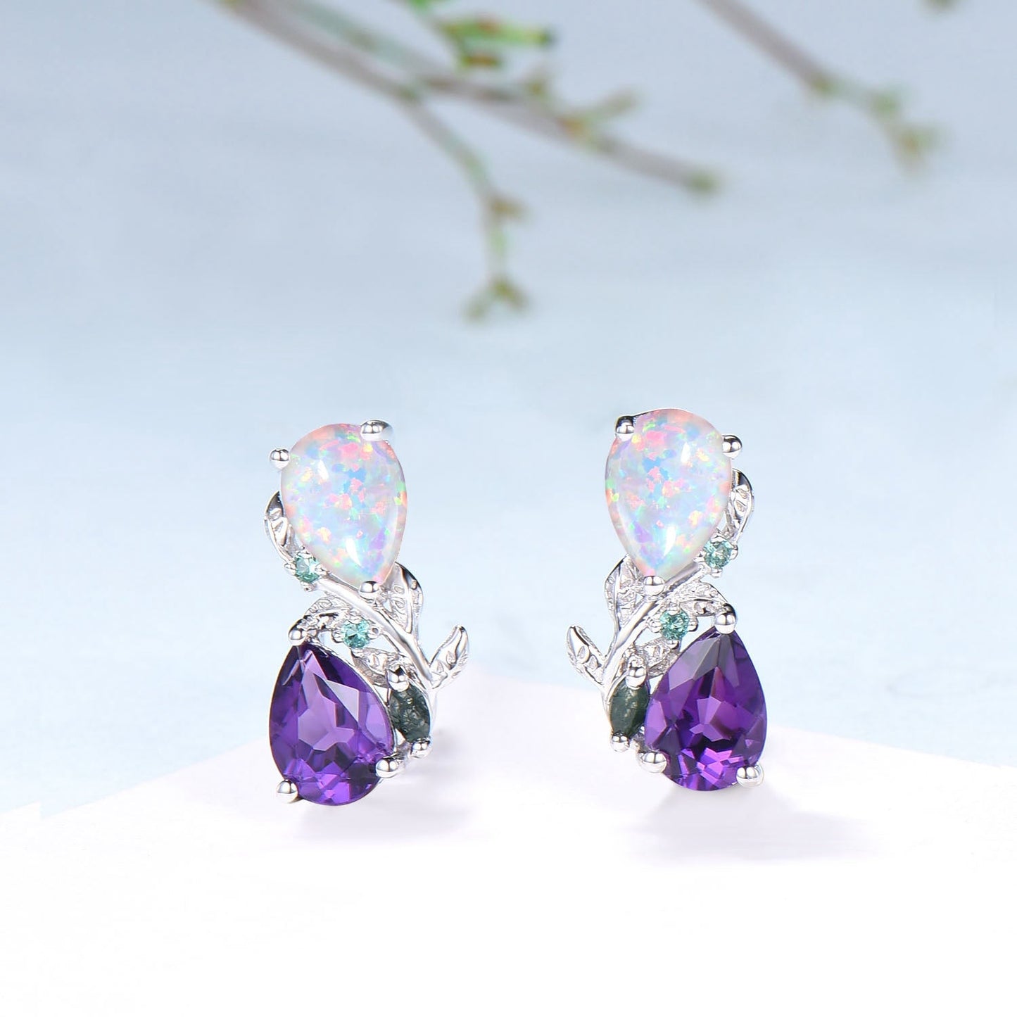 Nature Inspired Opal Amethyst Pendant Necklace Women Unique Alternative Stud Earrings Branch Snake pear shaped leaf wedding set promise gift