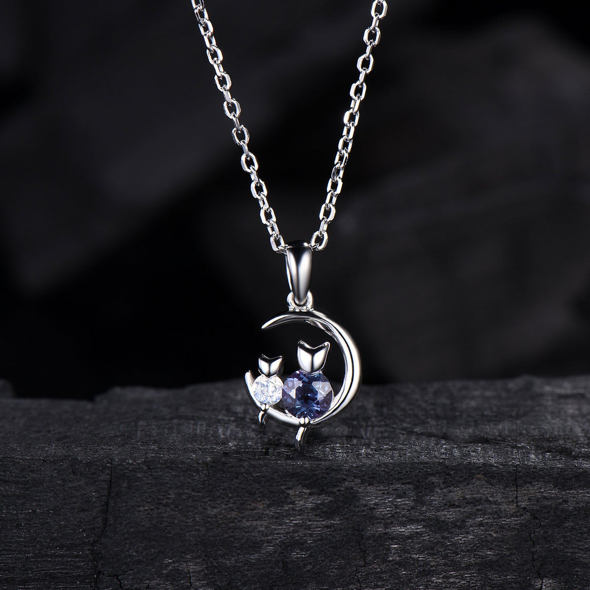 Dainty cat alexandrite moonstone necklace cute silver white gold moon family pendant personalized Two cats lying on the moon rocking chair