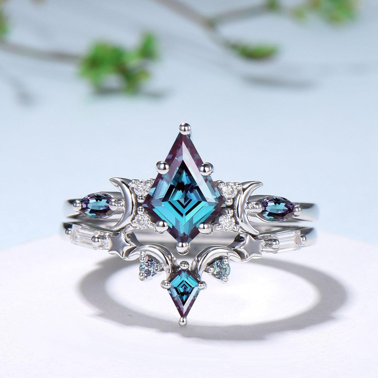 Kite Cut Alexandrite Engagement Ring Set Crescent Moon Star White Gold Art Deco Marquise Bridal Set