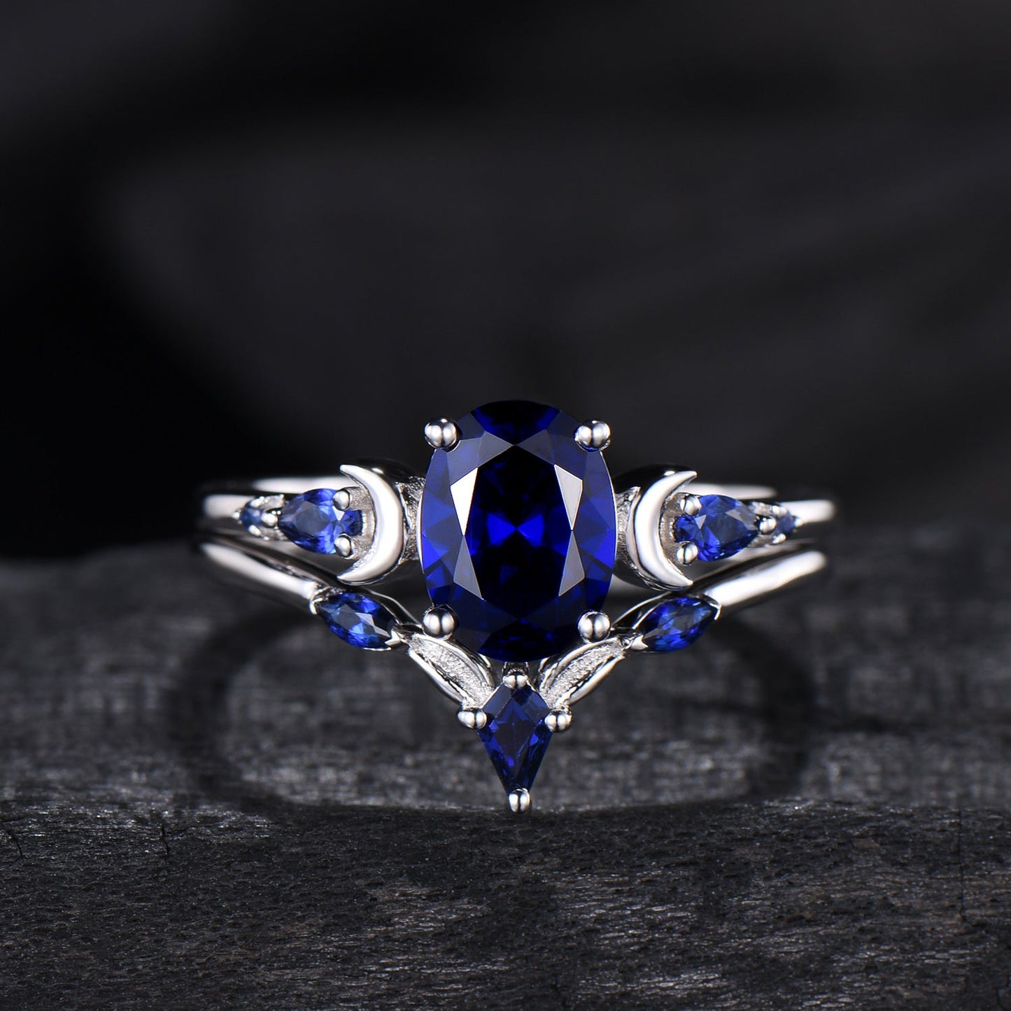 Vintage 1.5 Carat oval blue sapphire moon engagement ring set Five stone wedding set