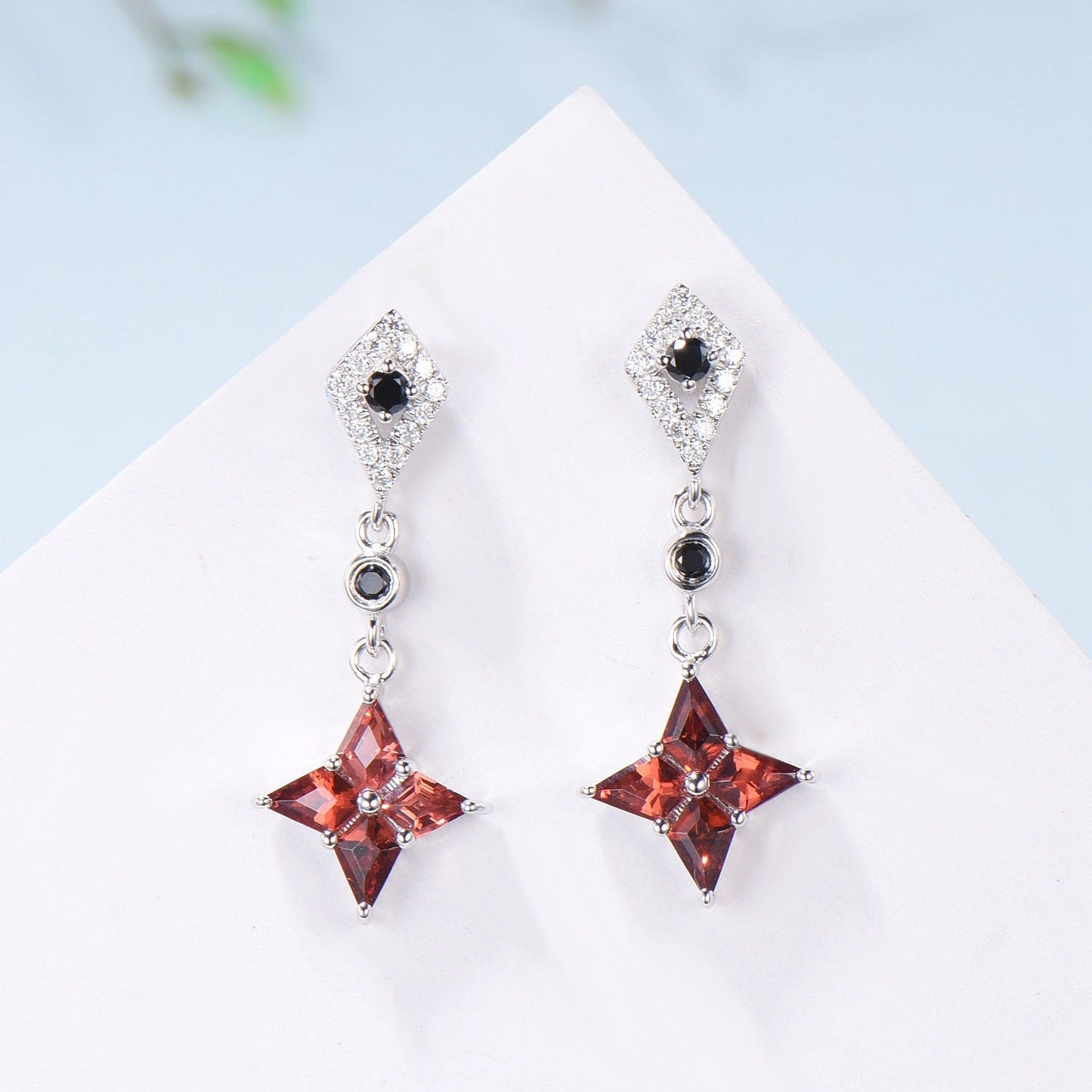 Kite Cut Natural Garnet Drop Earrings with Black Spinel & Moissanite Diamond