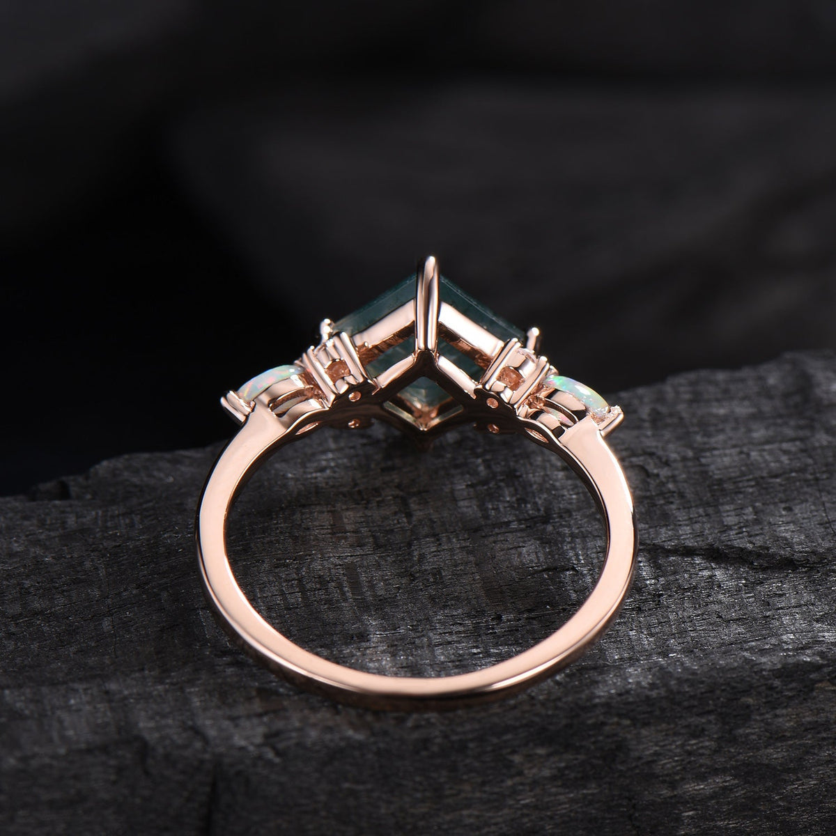 2CT Natural Princess Cut Moss Agate Engagement Ring: Moissanite & Marqusie Opal Accents