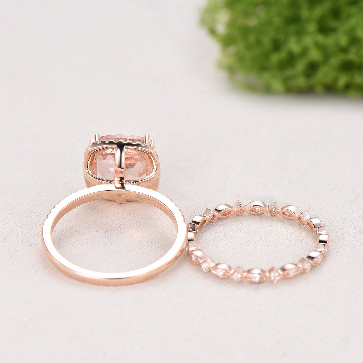 3ct cushion cut natural morganite engagement ring set Vintage 14k rose gold bridal ring set Full eternity Milgrain matching band