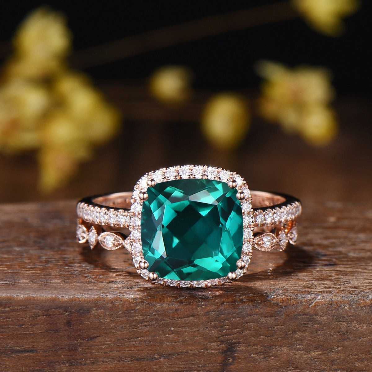 3ct Cushion Emerald Wedding Ring Set, May Birthstone Engagement Ring,Rose Gold Halo Diamond Bridal Set, Art Deco Full Eternity Milgrain Band