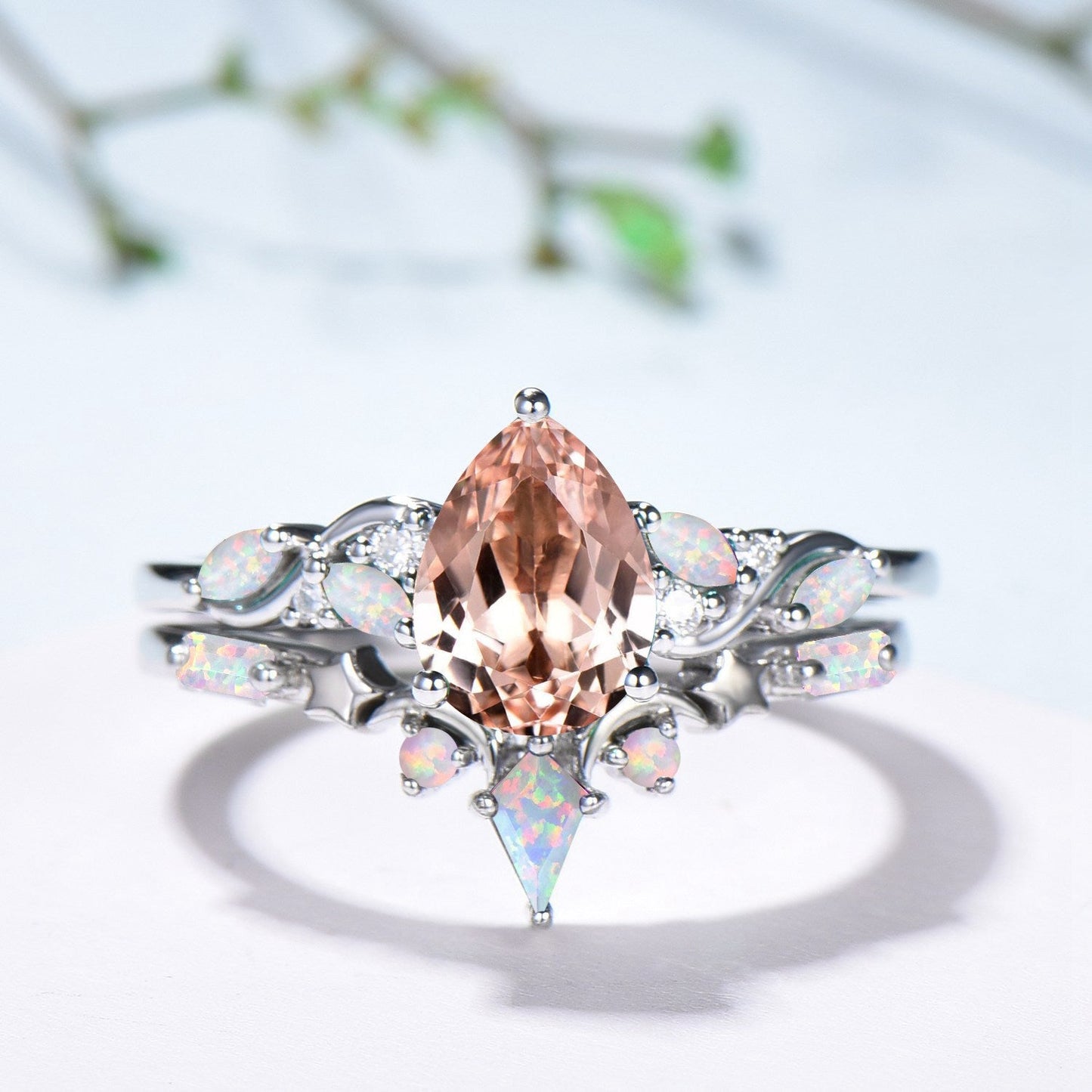 Pear Shaped Natural Morganite Opal Engagement Ring Set: The Fae Queen's Teardrop Nesting Ring