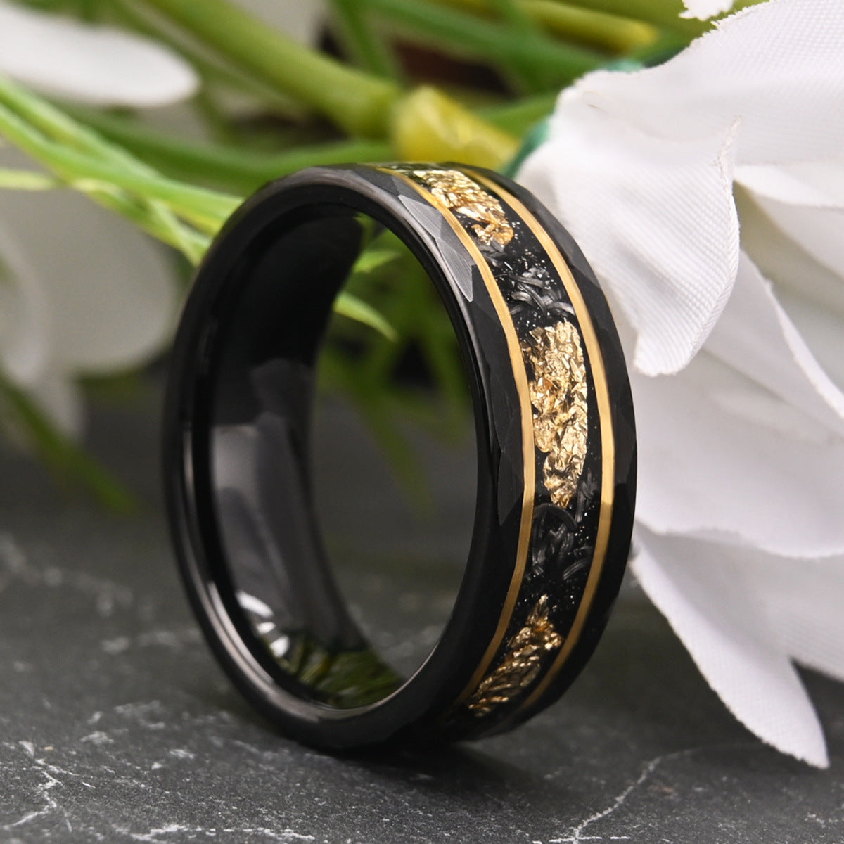 8mm tungsten men's wedding band Flat hammered black ring inlaid with meteorite