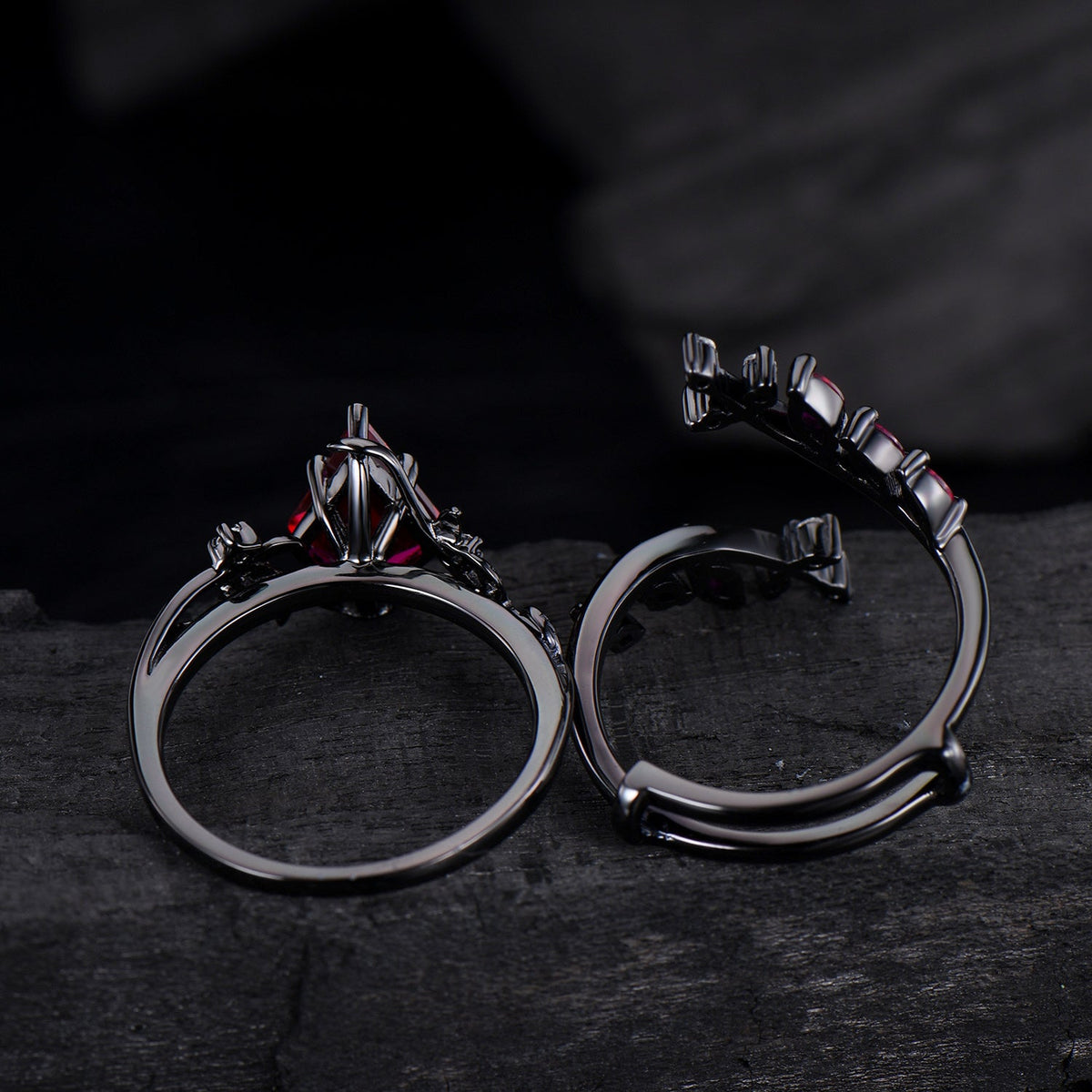 Unique gothic kite cut ruby engagement ring set black gold cluster engagement ring leaf branch nature inspired marquise ruby wedding set