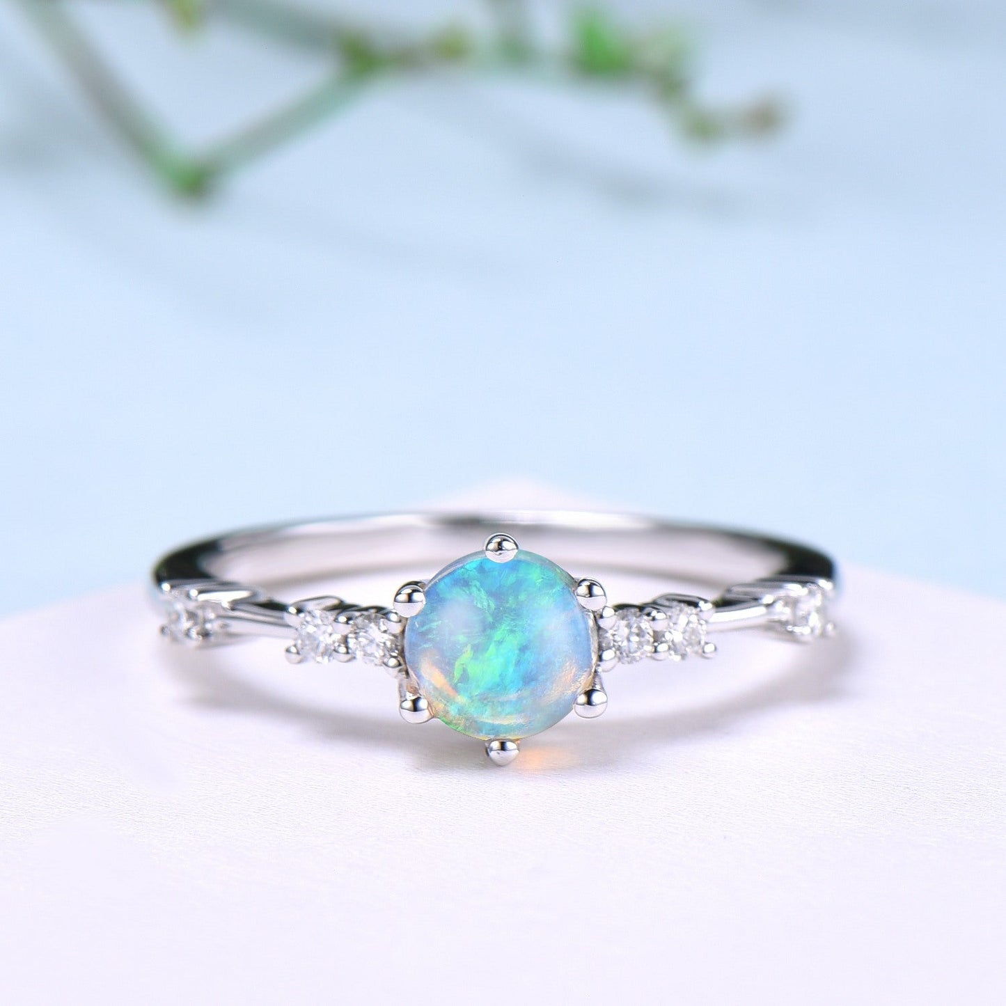 Dainty Natural Fire Opal Ring Natural Inspired White Opal Diamond Engagement Ring White Gold Minimalist Bridal Anniversary Ring for Women
