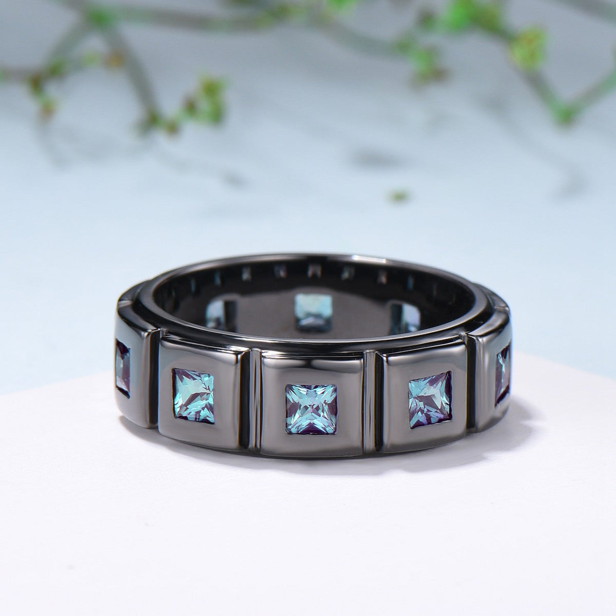 Black Gold Brushed Finish Mens Wedding Band Unisex Frame Princess Cut Alexandrite Men's Wedding Ring Anniversary Stacking Matching Band Gift