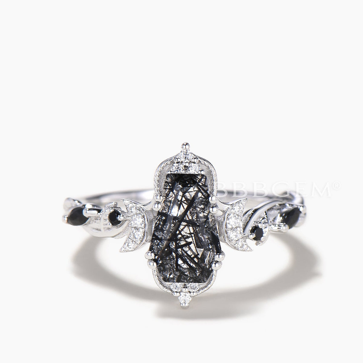 Coffin Cut Black Rutilated Quartz Wedding Ring Diamond Moon Spinel Art Deco Ring