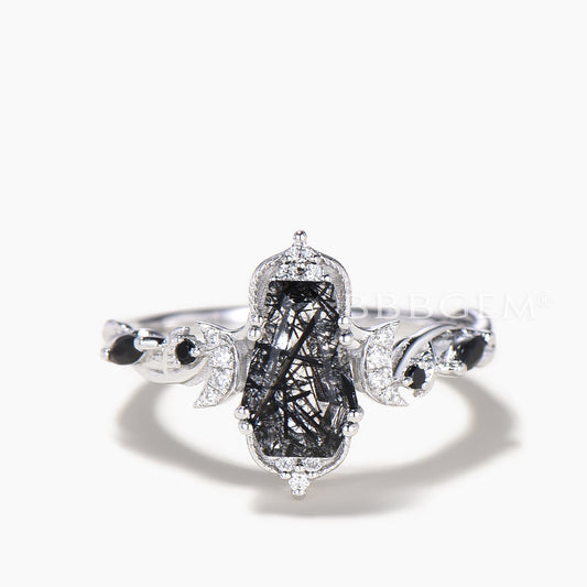 Coffin Cut Black Rutilated Quartz Wedding Ring Diamond Moon Spinel Art Deco Ring