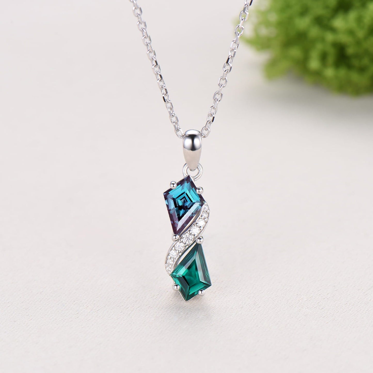 Two-Tone Kite Cut Alexandrite and Emerald Necklace Pendant | White Gold Moissanite Accent Snake Necklace